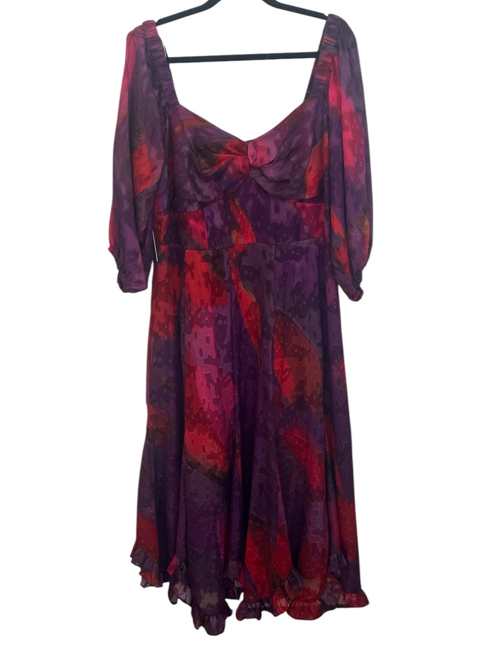 Hutch Printed Twist-Front Puff-Sleeve Ruffle-Hem Dress Purple Pink 1X NWT - Picture 3 of 8